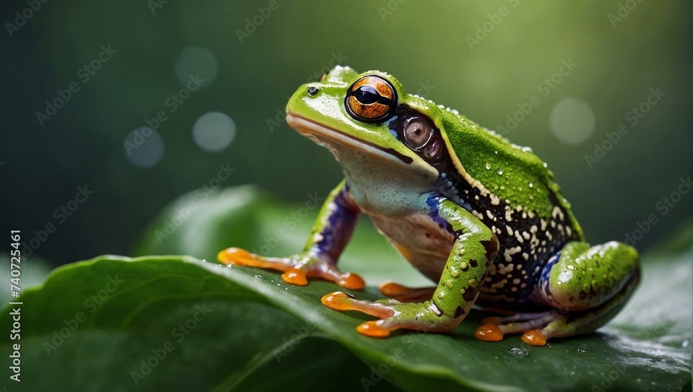 A vibrant green tree frog takes a leap of faith onto a lush leaf, marking the start of a new year on a sunny february day in the wild A vibrant green tree frog takes a leap of faith onto a lush leaf, marking the start of a new year on a sunny february day in the wild