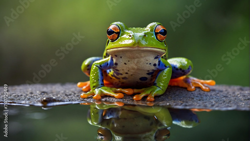 A vibrant green frog gracefully perches on a rugged rock, embodying the spirited leap of a true amphibian on this february day in the wild outdoors photo