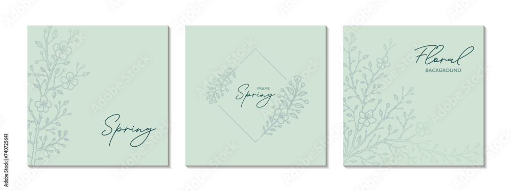 Floral social media post template set. Sakura blossom golden green background. Flower elegant modern design. Greeting card, wedding invitation, corporate certificate, beauty spa salon design