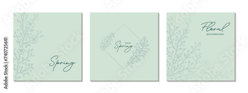 Floral social media post template set. Sakura blossom golden green background. Flower elegant modern design. Greeting card, wedding invitation, corporate certificate, beauty spa salon design