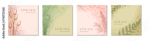 Spring floral watercolor abstract background set. Social media square post template. Spring flower design, greeting card, label, flyer, leaflet, poster. Beauty, spa, jewelry, wedding, fashion, concept photo