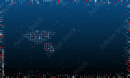 On the left is the garden cart symbol filled with white dots. Pointillism style. Abstract futuristic frame of dots and circles. Some dots is red. Vector illustration on blue background with stars