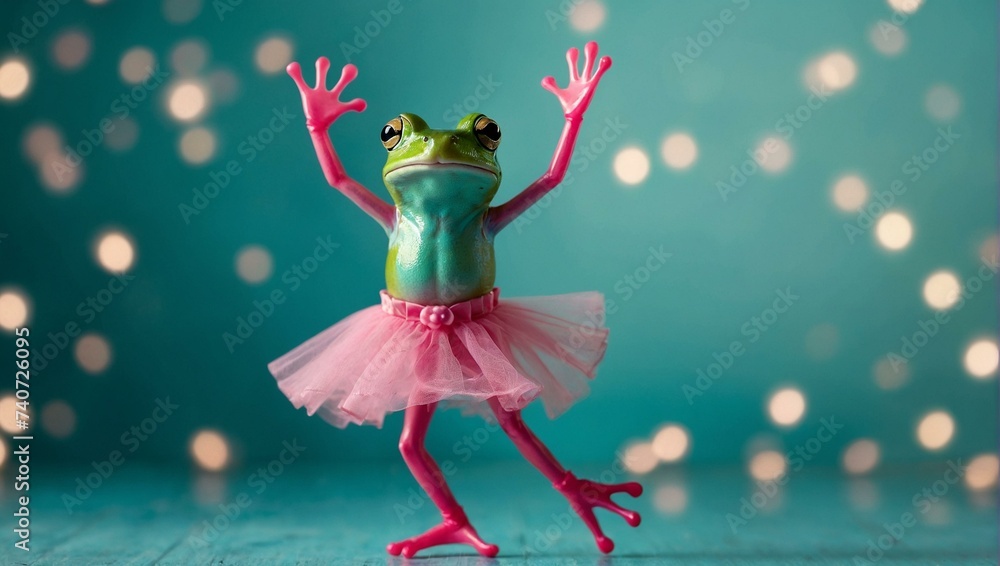 On a leap day in february, a graceful frog dons a tutu and dances ballet, showing that anyone can pursue their passions and break free from societal expectations - obrazy, fototapety, plakaty 