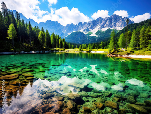 Beautiful shot of a lake near the mountains and surrounded by trees and people