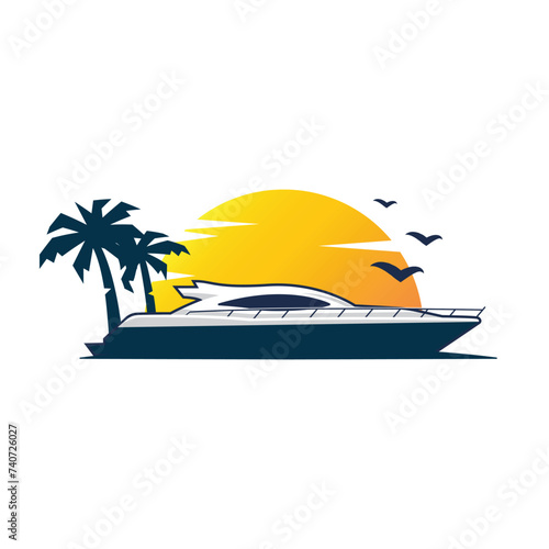Luxury solar powered  yacht sailing on tropical beach during sunset time with palm trees and seagulls flying illustration.