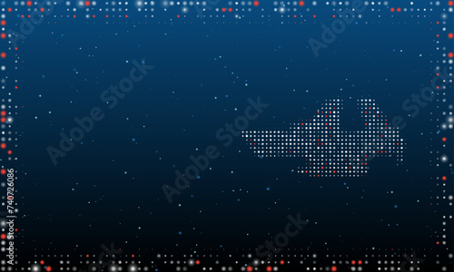 On the right is the vise symbol filled with white dots. Pointillism style. Abstract futuristic frame of dots and circles. Some dots is red. Vector illustration on blue background with stars