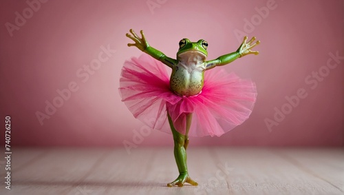 In a leap year february day, a graceful frog dons a pink tutu and dances with whimsical elegance