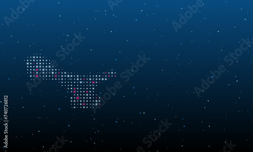 On the left is the cordless angle grinder symbol filled with white dots. Background pattern from dots and circles of different shades. Vector illustration on blue background with stars