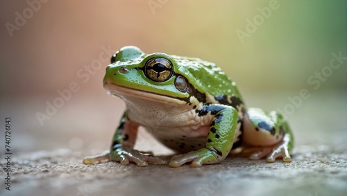 A majestic green and black frog takes a leap on a february day, embracing its true amphibian nature among the outdoor shrubbery and wildlife