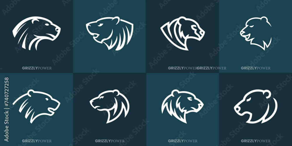 Monochrome Weiße Grizzlybärköpfe: Vektorgrafik Firmenlogo Bündel