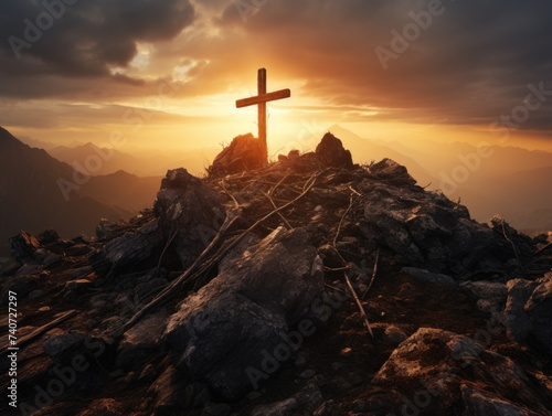A cross stands erect on a rocky hill in the morning light. photo