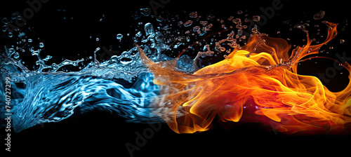 Fire and water are isolated on black background. opposite energy