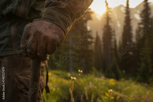 Close-up shot of weathered hands gripping a hiking stick in the rugged wilderness, surrounded by pine trees and sunlight. Outdoor adventure and exploration concept