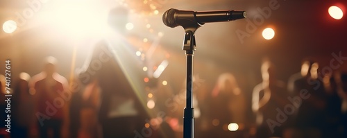 Spotlight on microphone at center stage with audience in blurred background. Concept Microphone, Stage, Spotlight, Performance, Audience