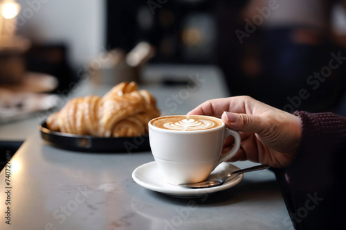 Close-up of a woman s hand taking a cup of hot coffee. Croissant in the background. Breakfast