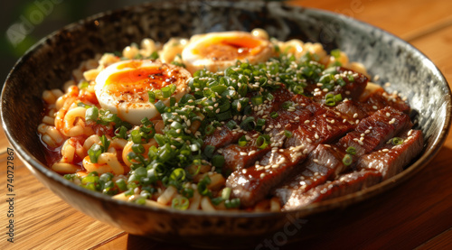 Bowl of ramen with beef egg and green onions