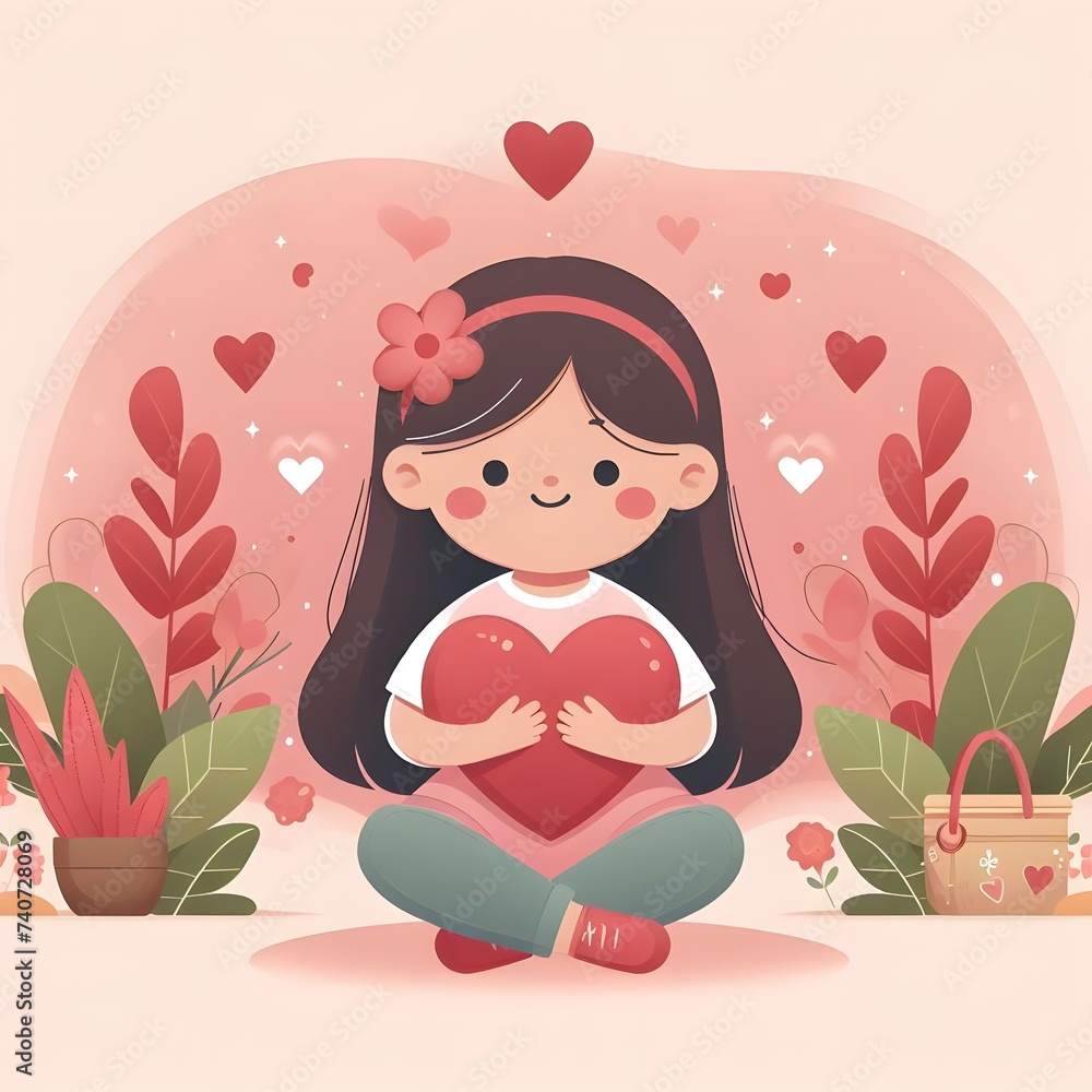 Cute girl holding a heart in her hands. Vector illustration. Cute girl holding a heart in her hands. Vector illustration.