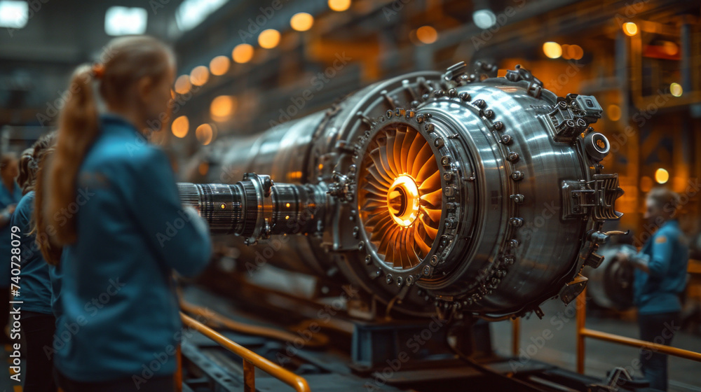 Fototapeta premium Female workers stand in front of gas turbine