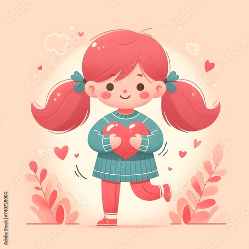 Cute girl holding a heart in her hands. Vector illustration.