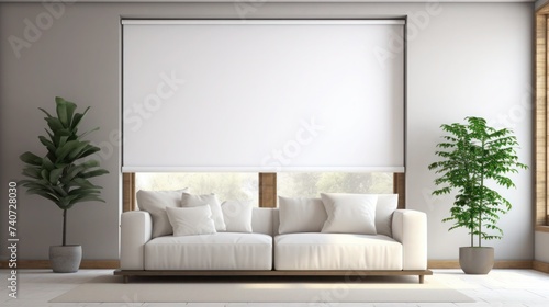 Interior of a modern living room with a large window on which white internal roller blinds are installed