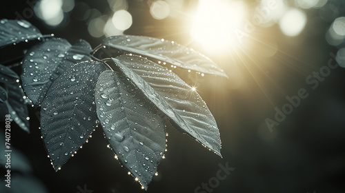 A leaf with dew and sunlight, sparkling, radiant, detailed, morning dew, sun rays, DSLR. Macro lens, dawn, macro photography, black and white film.