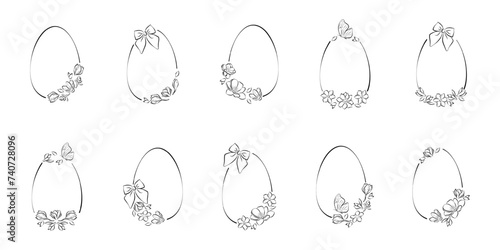 Doodle set of happy Easter eggs with spring flowers isolated. Vector underline, Easter hand-drawn outline sketch for adults and children. Coloring book page antistress with a flower Easter pattern.