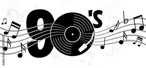 Musical notes stave line pattern symbol icon for staff and music note wave melody I love the years 90's or nineties. Peace love music. year with love heart symbol. 1990 or 90s style.