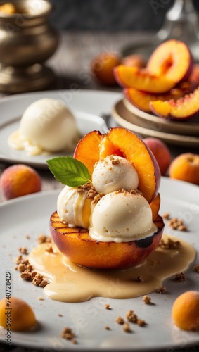 Create a stunning 8K ultra-realistic food photograph featuring a Grilled peach with vanilla ice cream crafted in molecular kitchen style, beautifully decorated with intricate details. 