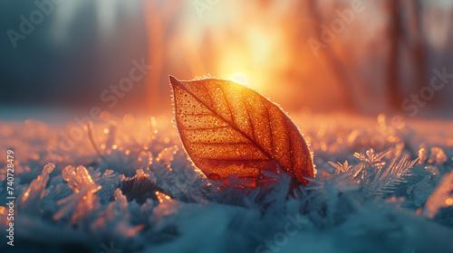 A frost-covered leaf, icy, crisp, intricate, wintry, early morning frost, Film camera. Macro lens, sunrise, macro photography, color film. © AI By Ibraheem