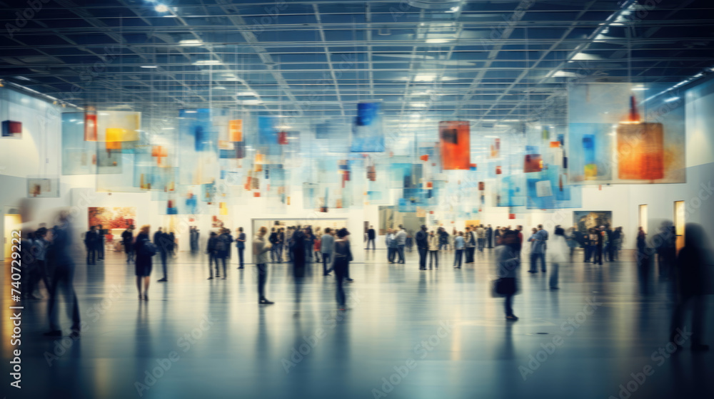 People in an art gallery at a contemporary art exhibition. Blurred background