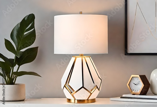 a table lamp and a potted plant sitting on a dresser 