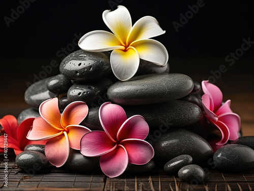 A flower on a screen with a background of black stones