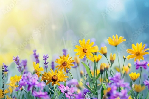 Yellow and purple flowers on a blurred spr © Hussain