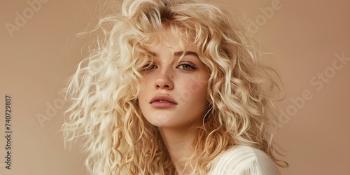 Stunning blonde model with curly hair poses against a neutral backdrop. Concept Fashion Photography, Blonde Model, Curly Hair, Neutral Backdrop, Stunning Poses