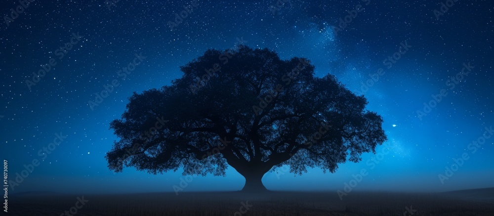 Solitary tree standing tall in the middle of a vast green field under clear blue sky Solitary tree standing tall in the middle of a vast green field under clear blue sky