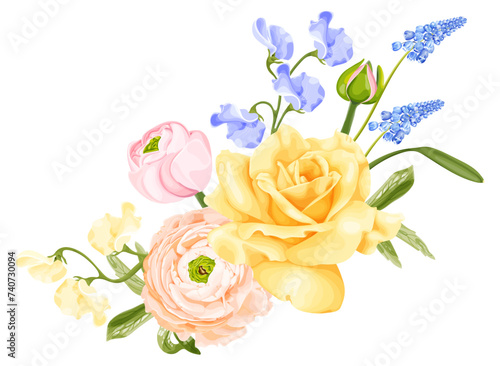 Spring bouquet with yellow rose, pink ranunculus, blue hyacinth flower and sweet pea.