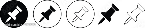 Push pin icons set. Thumbtack for note attach. Paperclip symbol Pushpin flat and line style collection isolated transparent background A needle for fixing on a board or map stock vector for web or app