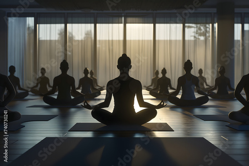 As the first light of dawn filters through, silhouetted figures are immersed in a communal yoga practice, creating a serene start to the day. 