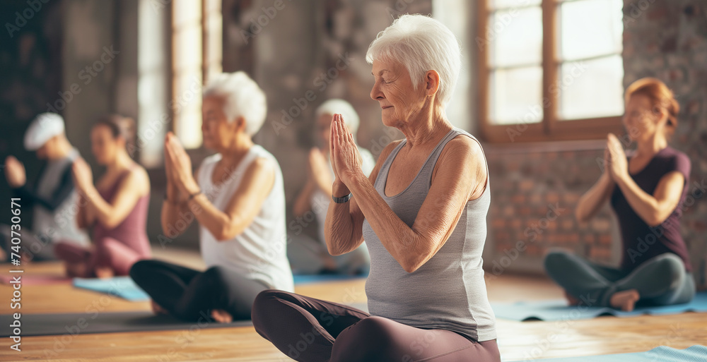 Older women practice yoga, meditate in yoga classes and lead an active and healthy lifestyle. Retirement hobbies and leisure activities for the elderly. Bokeh in the background.  - obrazy, fototapety, plakaty 