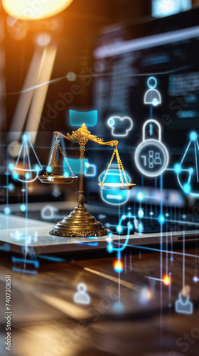 Justice and law concept with scales of justice and legal icons on computer screen