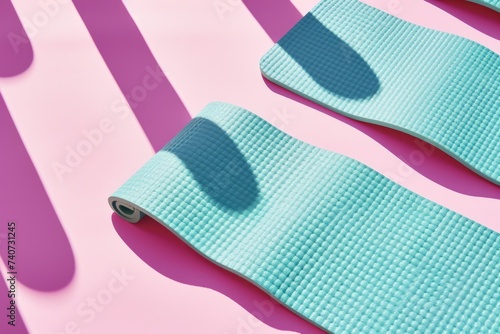 Yoga mats on a vibrant pink and blue striped background, illustrating a fresh and energetic fitness setting