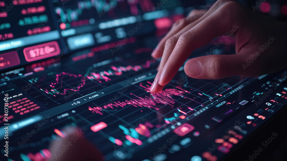 Close up of female hand touching screen with forex chart. Stock market concept Close up of female hand touching screen with forex chart. Stock market concept