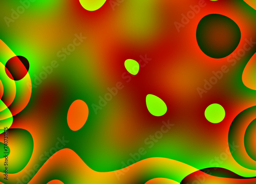 Nowoczesna ilustracja z falistymi i owalnymi kształtami w żywej zielono czerwonej kolorystyce z efektem gradientu - abstrakcyjne tło