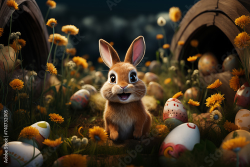 Funny, sweet easter rabbit, cute bunny, surrounded by painted, ornated or colorful decorated easter eggs, in a beautiful spring flower meadow. Wallpaper, invitation card, post card. © martesign