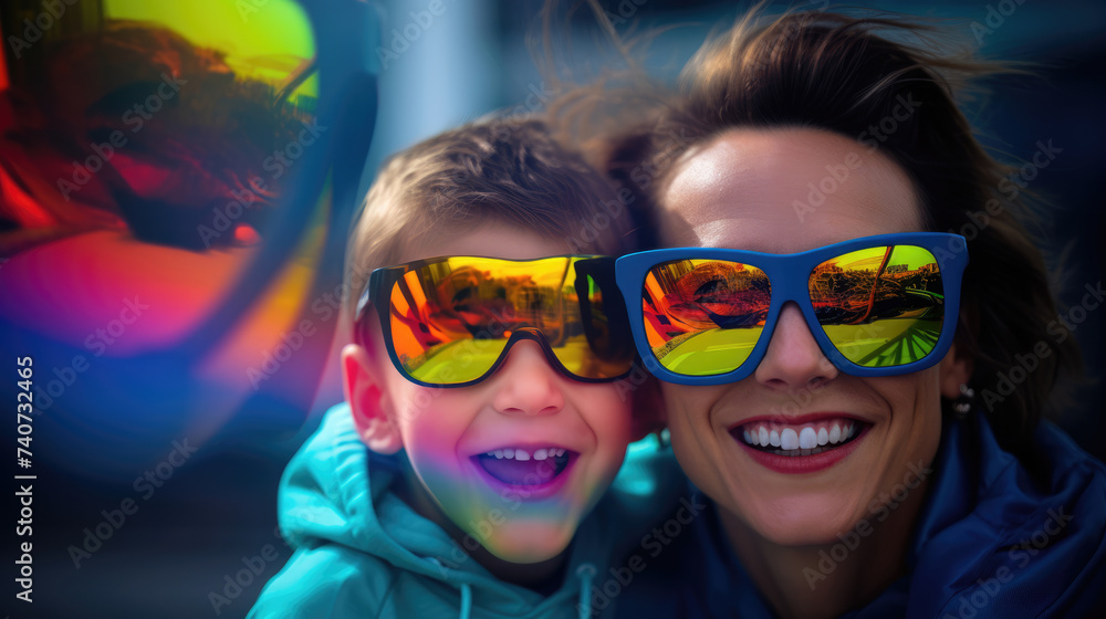 Mom and son in bright sunglasses on vibrant blurred background Mom and son in bright sunglasses on vibrant blurred background