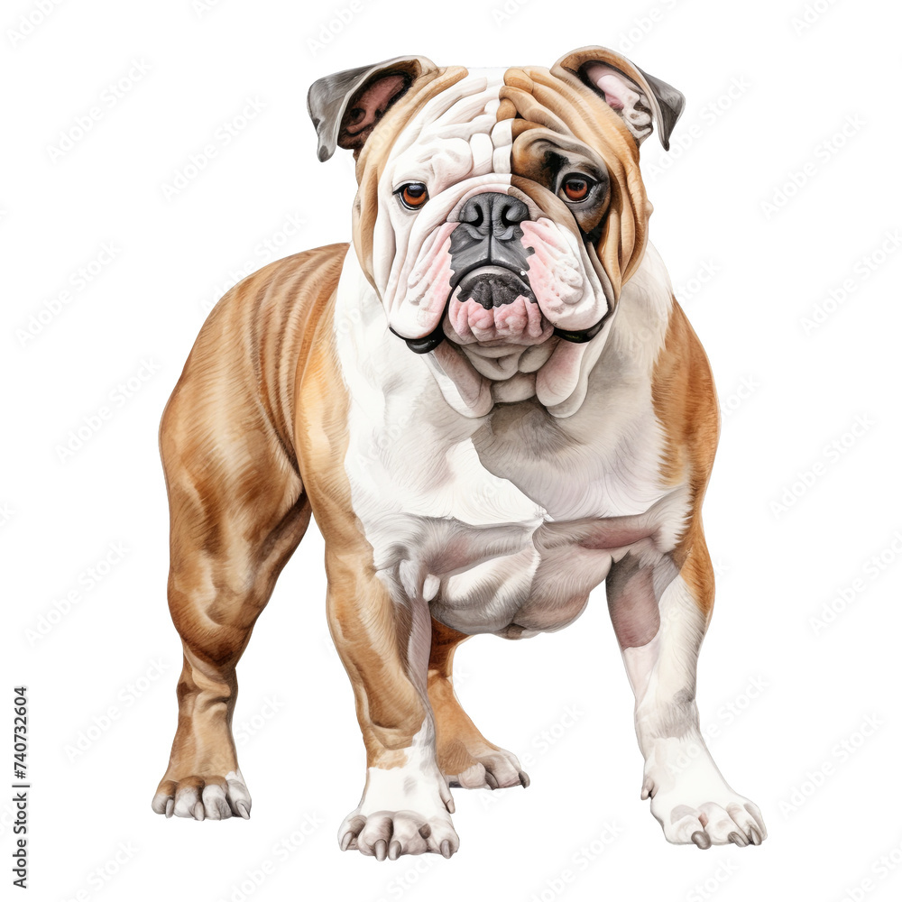A standing English bulldog watercolor clipart illustration on transparent background