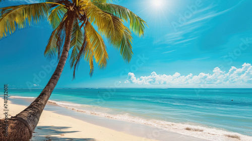 Beautiful tropical beach with coconut palm tree on blue sky and white sand