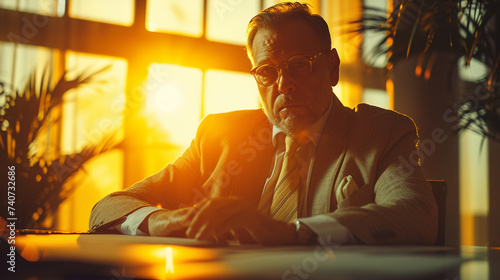 Businessman in meeting, influential, bold, committed, dynamic, leader, toy camera, pancake lens, golden hour