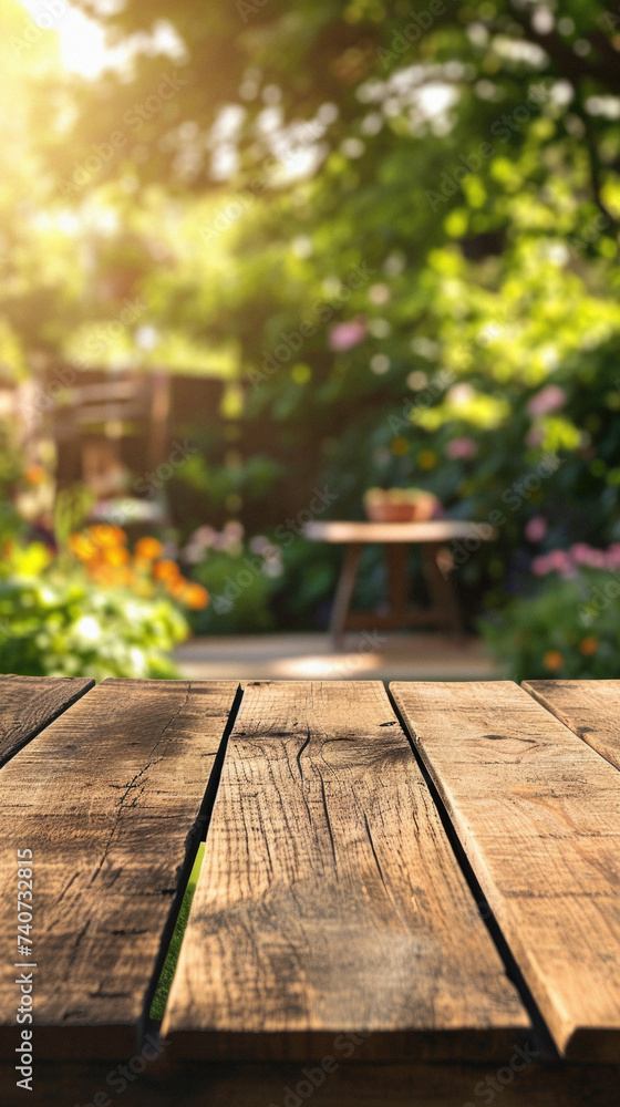 Empty wooden table and blurred garden background. Perspective brown wood table for product display . Empty wooden table and blurred garden background. Perspective brown wood table for product display .