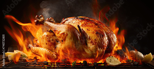 Roast chicken on fire isolated on black background